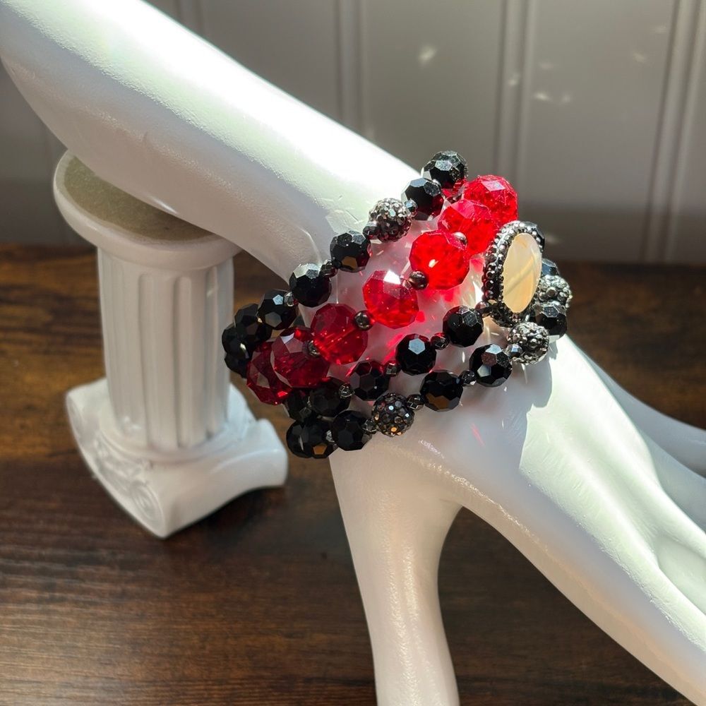 4 Pcs Red & Black Faceted  Beaded Crystal Wrap Bracelet